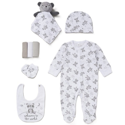 White bib with grey panda print from Baby Panda 8-Piece Layette Gift Set.