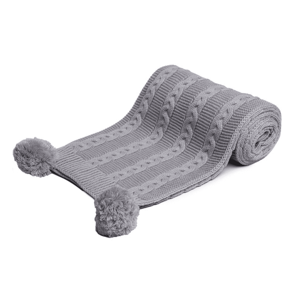 Recycled Grey Acrylic Cable Knit Wrap with Pom Poms Soft Touch Apparel, Baby Shower, Blanket, Build Your Own Hamper, Christening, Eco, Grey, Kiddies World, Shower, Soft Touch, Twin, Unisex