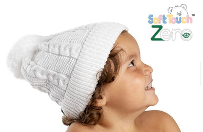 Recycled Acrylic White Cable Knit Bobble Hat | Eco-Friendly Baby Hat