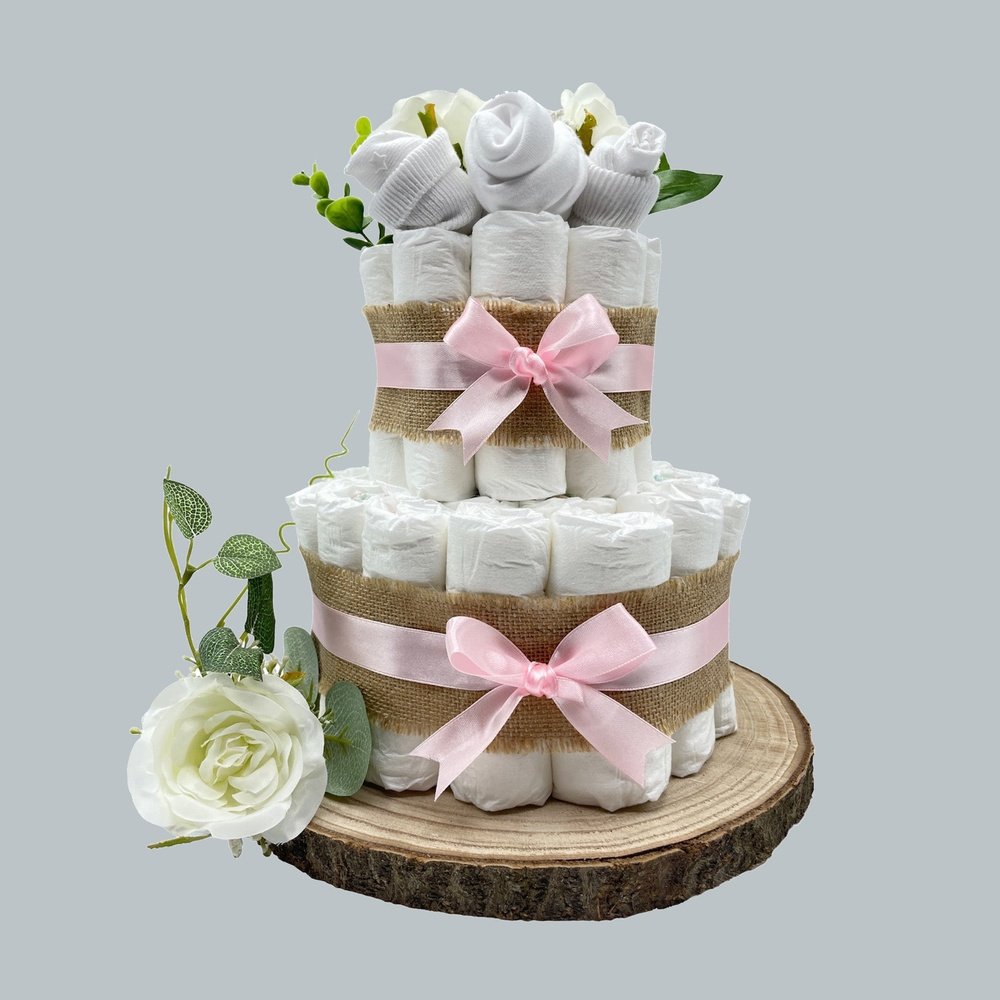 2-Tier Naked Nappy Cake with Floral Clothing Arrangement