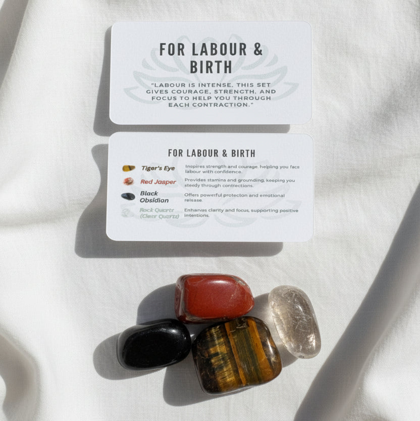 Set of stones and cards labeled 'For Labour & Birth' on a light gray background