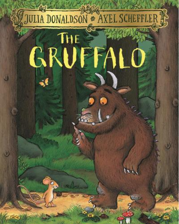 Gruffalo Storybook by Julia Donaldson and Axel Scheffler. Book cover of 'The Gruffalo' with the Gruffalo and a mouse in a forest setting. 