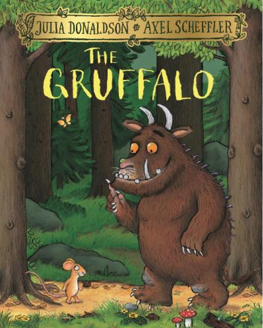 Gruffalo Storybook by Julia Donaldson and Axel Scheffler. Book cover of 'The Gruffalo' with the Gruffalo and a mouse in a forest setting. 