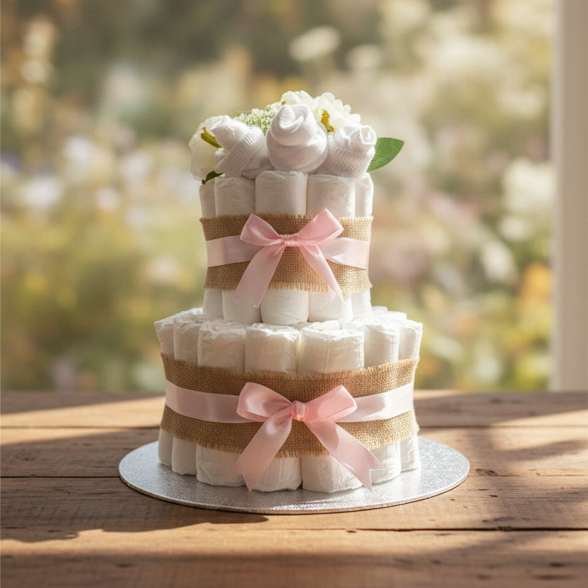 Pink 2 Tier Nappy Cake | Baby Girl Shower Gift with Clothing Set UK