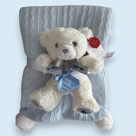 "Blue Embrace" Knitted Baby Blanket with Sherpa & Personalised Teddy