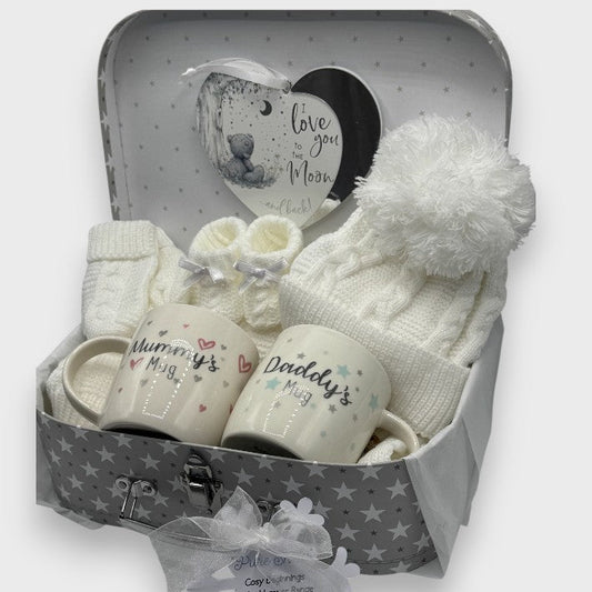 Cosy Beginnings White Baby Hamper in Keepsake Suitcase