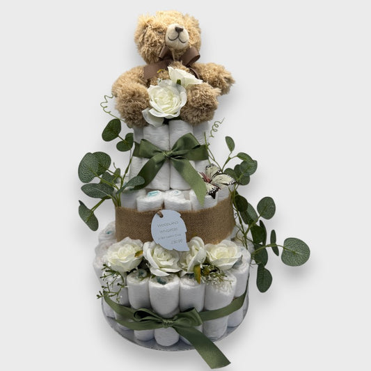 Woodland Whispers 3-Tier Nappy Cake – Rustic Baby Gift
