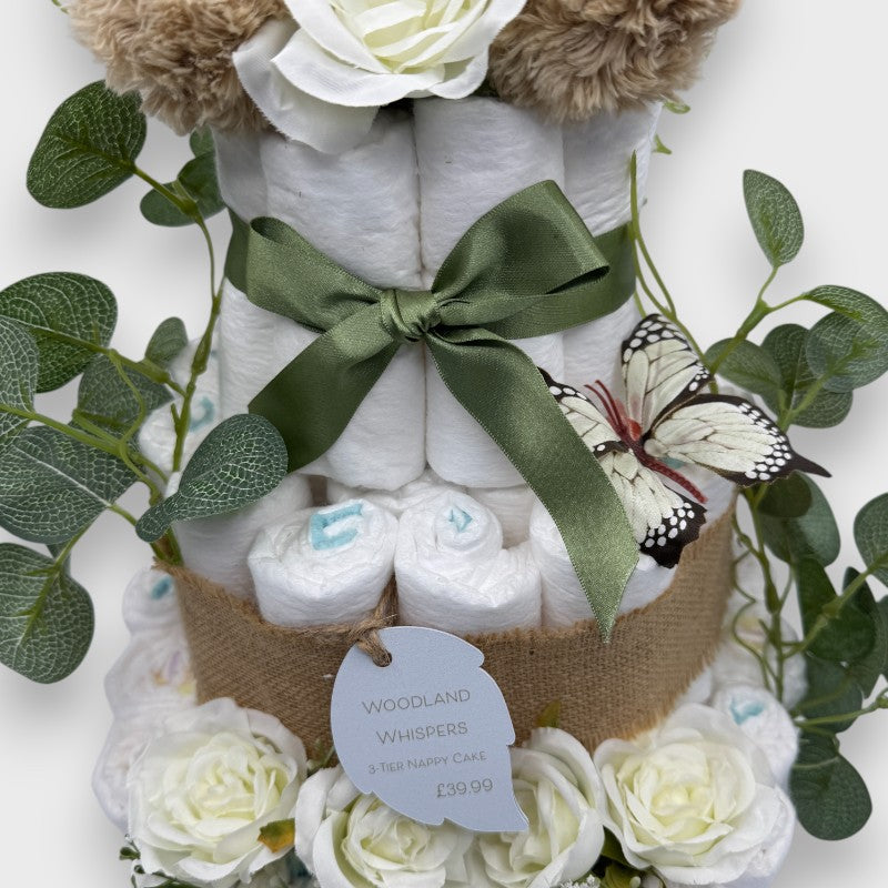 Woodland Whispers 3-Tier Nappy Cake – Rustic Baby Gift