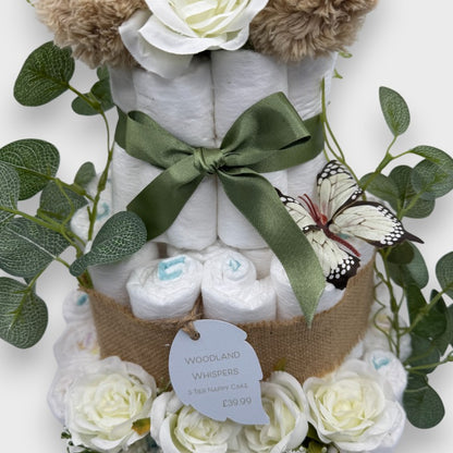 Woodland Whispers 3-Tier Nappy Cake – Rustic Baby Gift