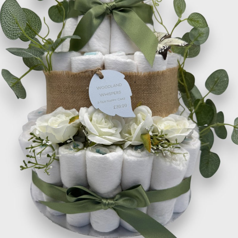 Woodland Whispers 3-Tier Nappy Cake – Rustic Baby Gift