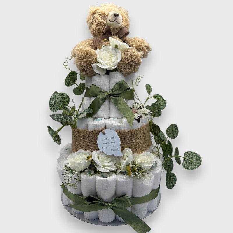 Woodland Whispers 3-Tier Nappy Cake – Rustic Baby Gift