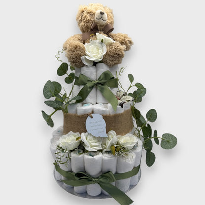 Woodland Whispers 3-Tier Nappy Cake – Rustic Baby Gift