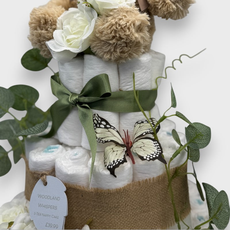 Woodland Whispers 3-Tier Nappy Cake – Rustic Baby Gift