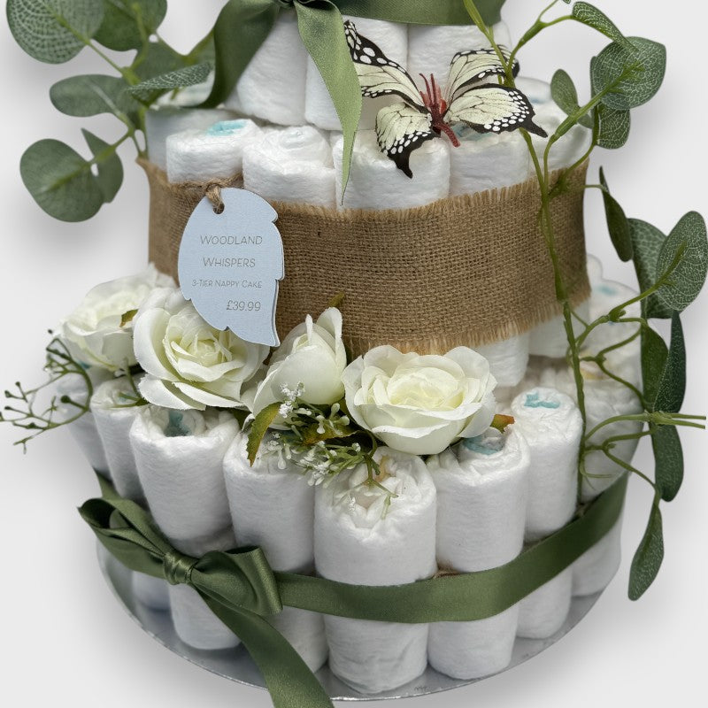 Woodland Whispers 3-Tier Nappy Cake – Rustic Baby Gift