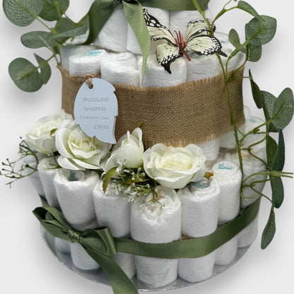 Woodland Whispers 3-Tier Nappy Cake – Rustic Baby Gift