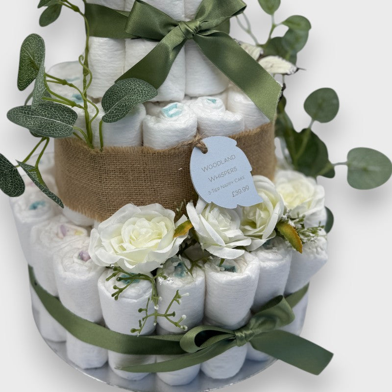 Woodland Whispers 3-Tier Nappy Cake – Rustic Baby Gift