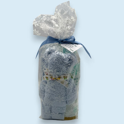 Blue Childs Farm Bath Gift - Gift Ready in Seasonal wrap pattern cellophane on a light blue background