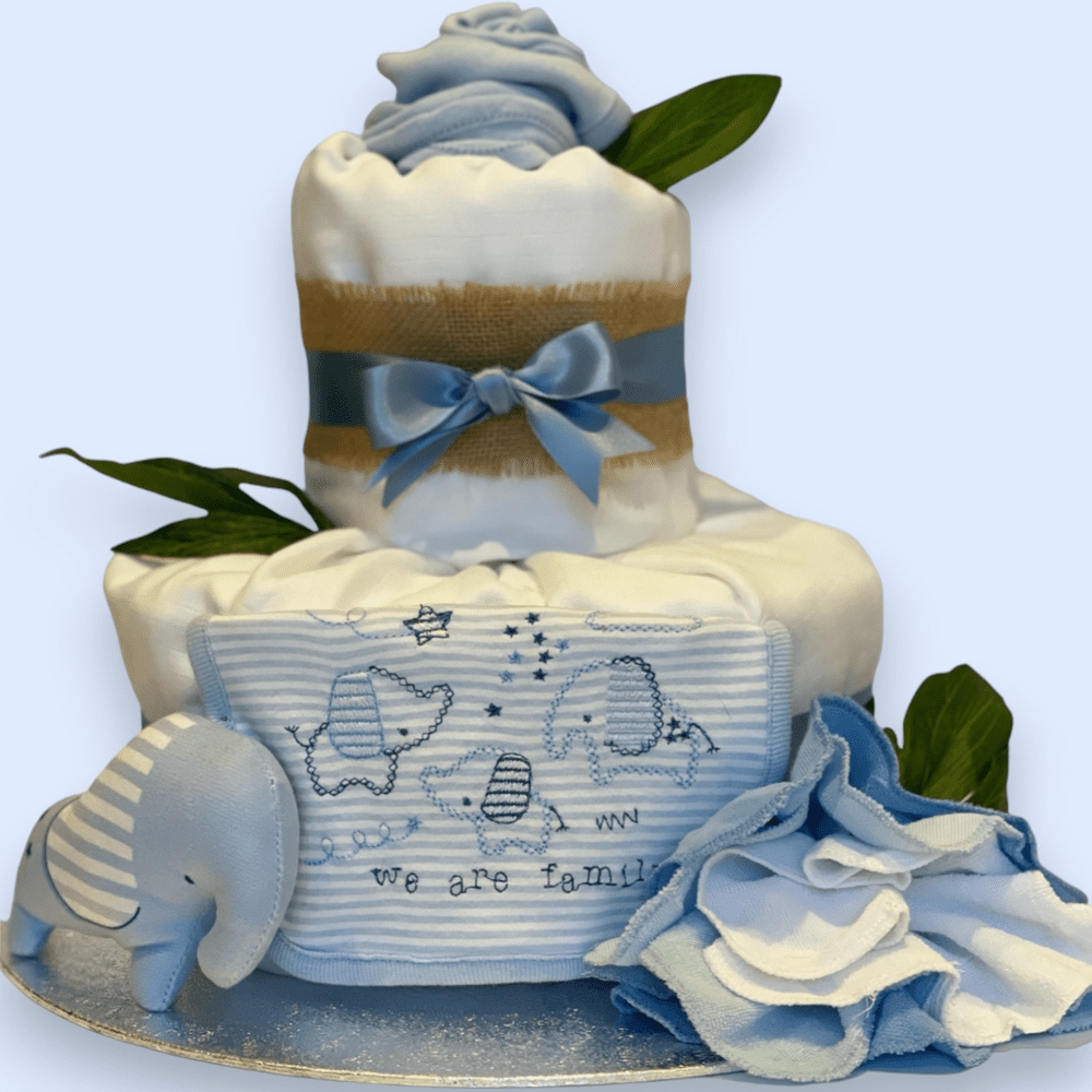 Full set of 2-Tier Blue "Elephant" Nappy Cake with all elements included