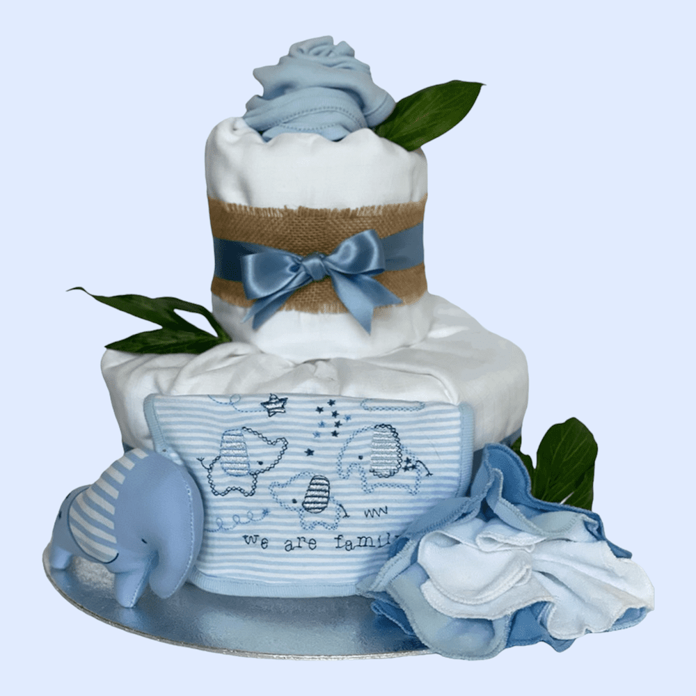 2-Tier Blue "Elephant" Nappy Cake with soft toy elephant and washcloth flower