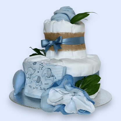 Left Side view of 2-Tier Blue "Elephant" Nappy Cake with blue and white colour palette