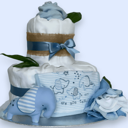 Right Side view of 2-Tier Blue "Elephant" Nappy Cake with blue and white colour palette