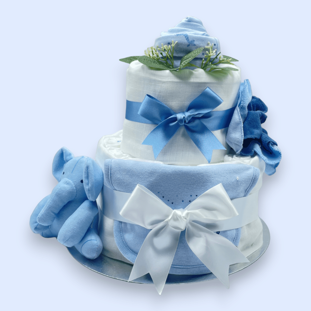 2-Tier Blue “Sitting Elephant” Nappy Cake with soft toy elephant and washcloth flower