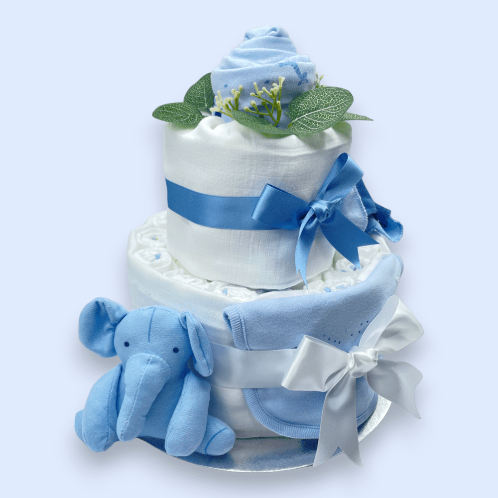 Right Side view of 2-Tier Nappy Cake with blue and white colour palette