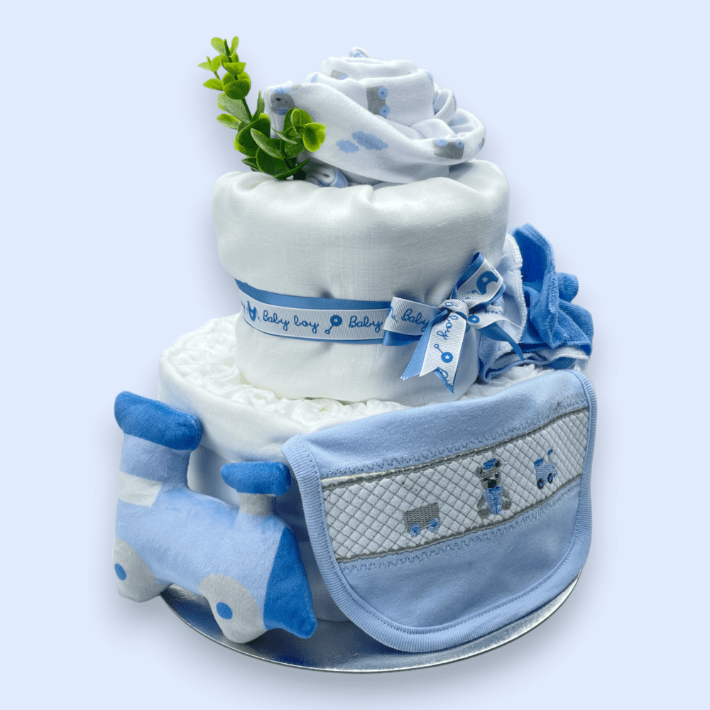 Right Side view of 2-Tier Blue “Train” Nappy Cake with blue and white colour palette