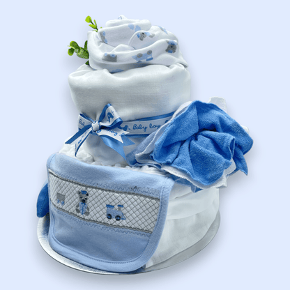 Left Side view of 2-Tier Blue “Train” Nappy Cake with blue and white colour palette