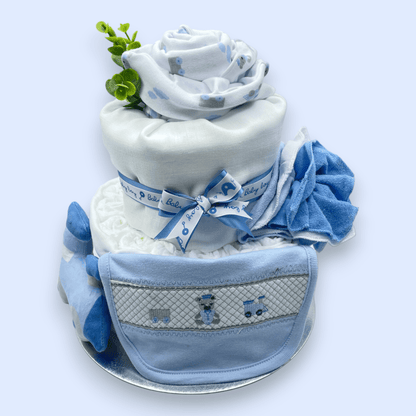 Full set of 2-Tier Blue “Train” Nappy Cake with all elements included