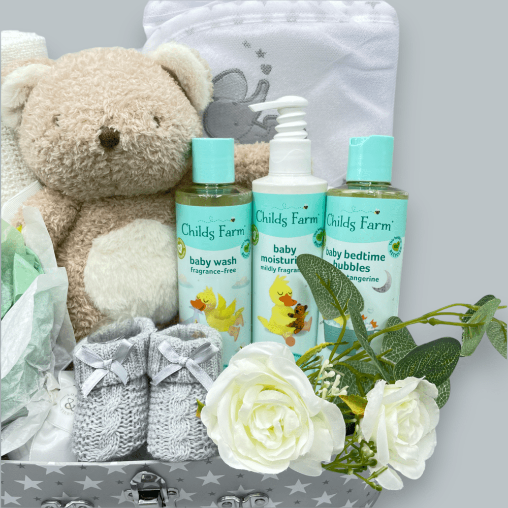 Fragrance-Free Baby Wash, Organic Tangerine Baby Bedtime Bubbles and Mildly fragranced baby moisturiser from the Childs Farm Baby Gift Set for keeping baby’s skin smooth