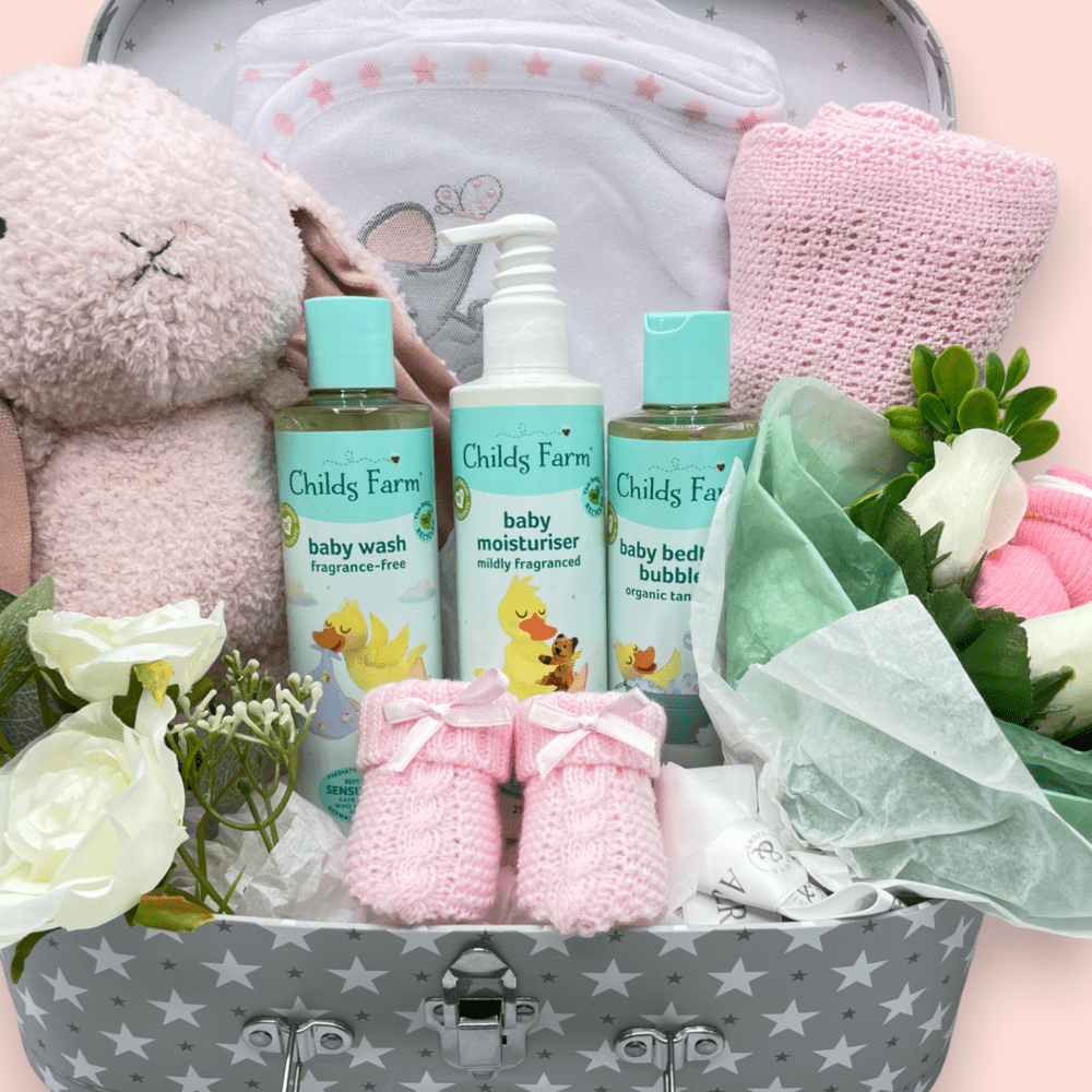 Fragrance-Free Baby Wash, Organic Tangerine Baby Bedtime Bubbles and Mildly fragranced baby moisturiser from the Childs Farm Baby Gift Set for keeping baby’s skin smooth