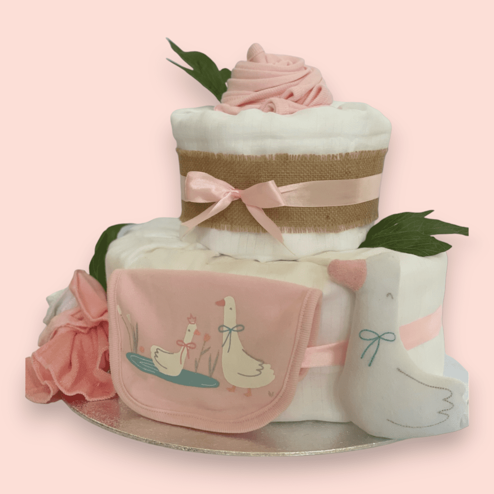 Exquisite 2 Tier Pink “Duck” Nappy Cake – Perfect Newborn Gift