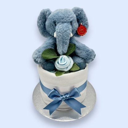 Complete display of the Elephant Elegance Mini Nappy Cake showcasing all its charming elements