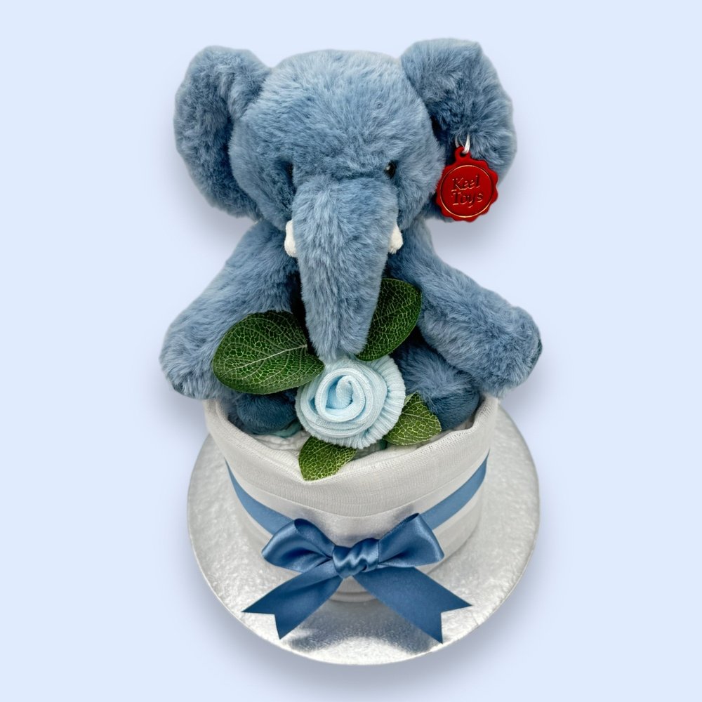 Luxurious satin dusty blue ribbon securing the Elephant Elegance Mini Nappy Cake