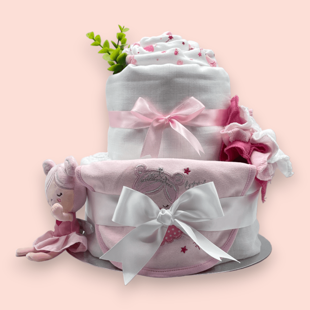 Fairy Dreams: 2-Tier Nappy Cake in Pink and White featuring a fairy theme.