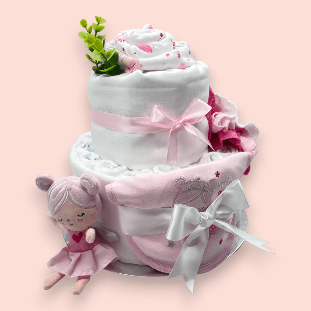 Approximately 30 Pampers nappies included in the Fairy Dreams 2-Tier Nappy Cake.