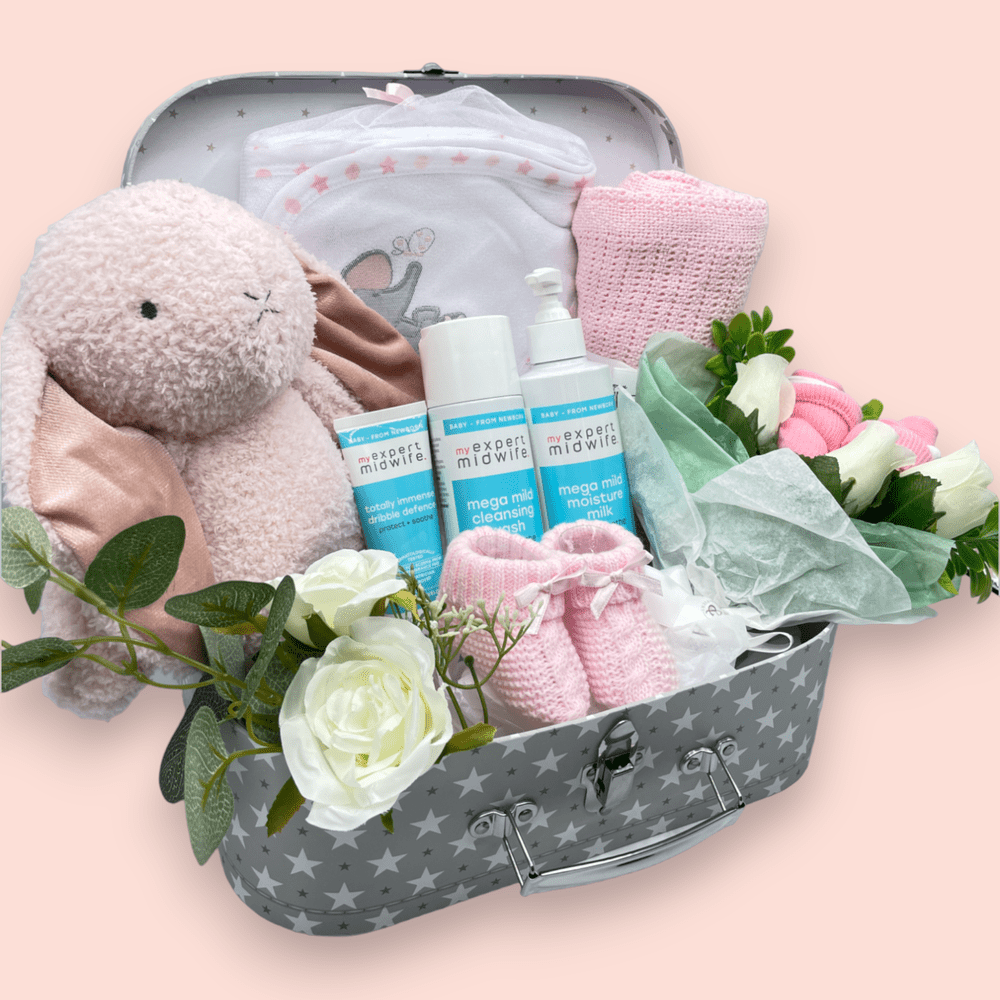 Cuddly pink rabbit soft toy, perfect for comforting and playtime. And Adorable baby booties designed to keep tiny feet warm and snug