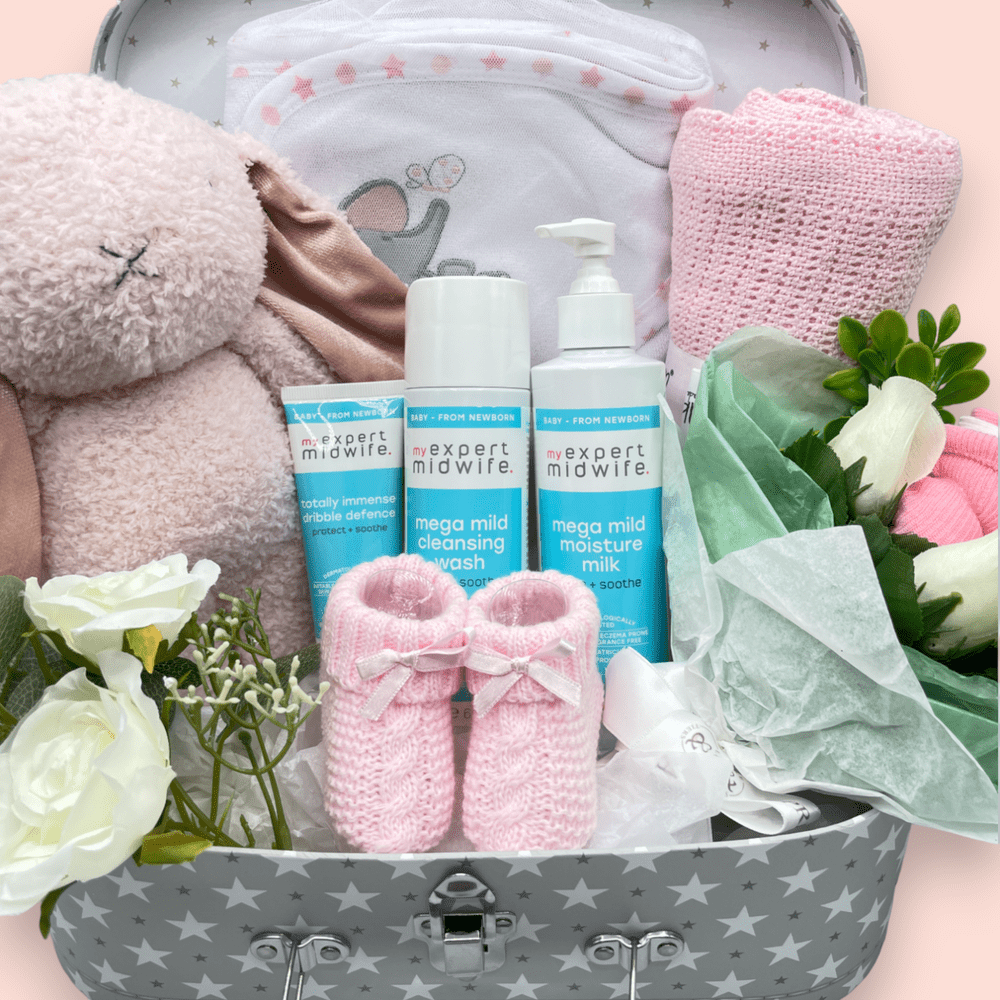 From My Expert Midwife, the Mega Mild Cleansing Wash, gentle and perfect for delicate baby skin, Mega Mild Moisture Milk, nourishing and hydrating for baby’s skin, and Totally Immense Dribble Defence, providing effective protection against dribble and irritation