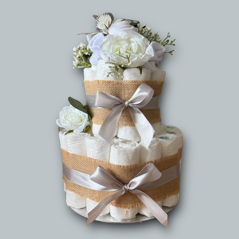 2-Tier Naked Nappy Cake with Floral Clothing Arrangement