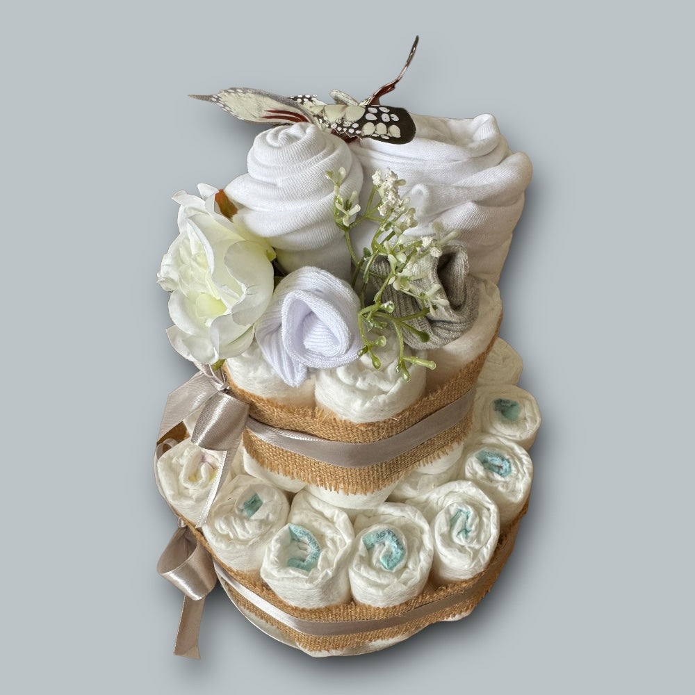 Left Side view of 2-Tier Naked Nappy Cake with Silver satin ribbon