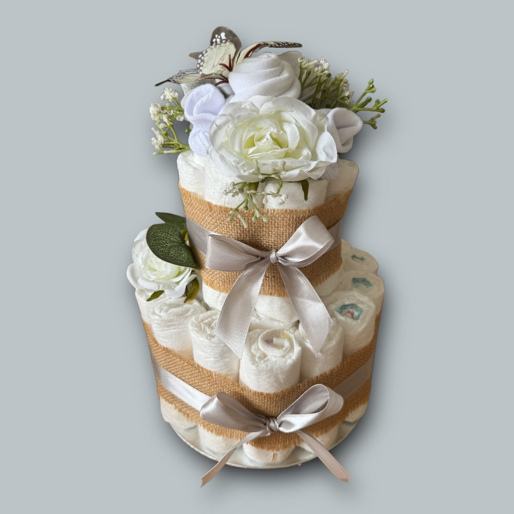 Full set of items on 2-Tier Naked Nappy Cake