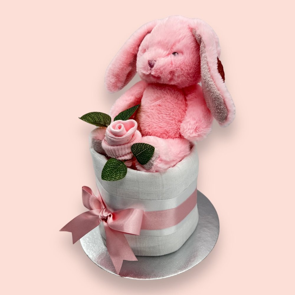 Pink Bunny Hugs Mini Nappy Cake - Left side View