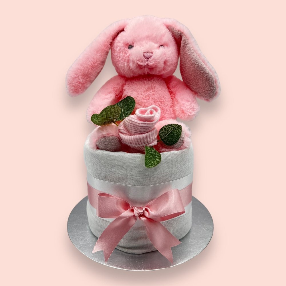 Delightful Pink Bunny Hugs Mini Nappy Cake - Front View