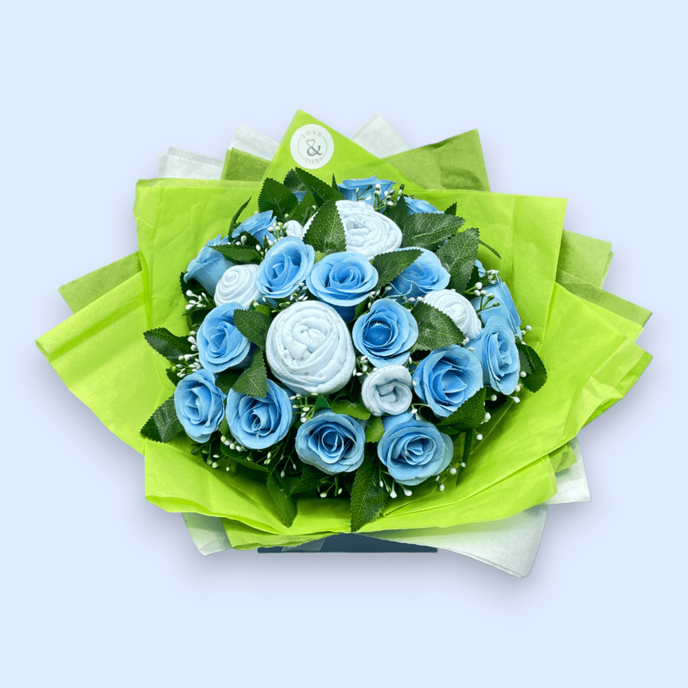 Love & Tiers Ltd Sweet Beginnings Baby Clothes & Roses Bouquet Blue, Bouquet, Boys, Christening, Gender Reveal, New Parents, Shower 