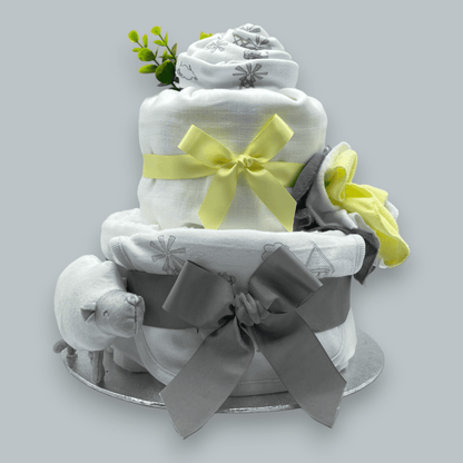 2-Tier Grey/Lemon “Sheep” Nappy Cake with washcloth and babygrow flowers