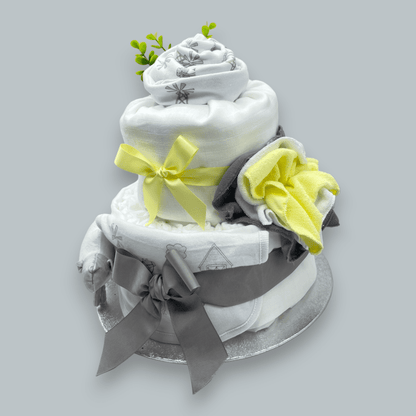 Left Side view of 2-Tier Grey/Lemon “Sheep” Nappy Cake with grey and lemon ribbons