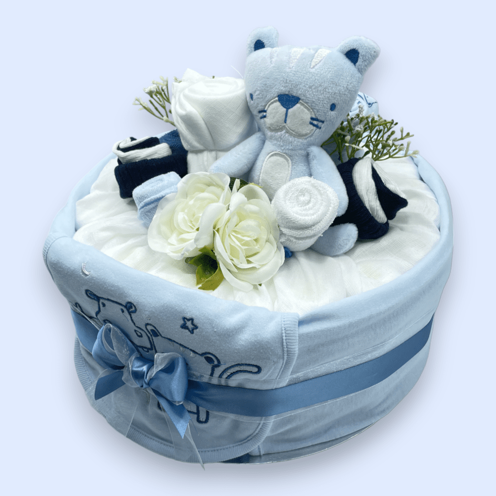 Tender Blooms Nappy Cake: in Blue (Left Side View)