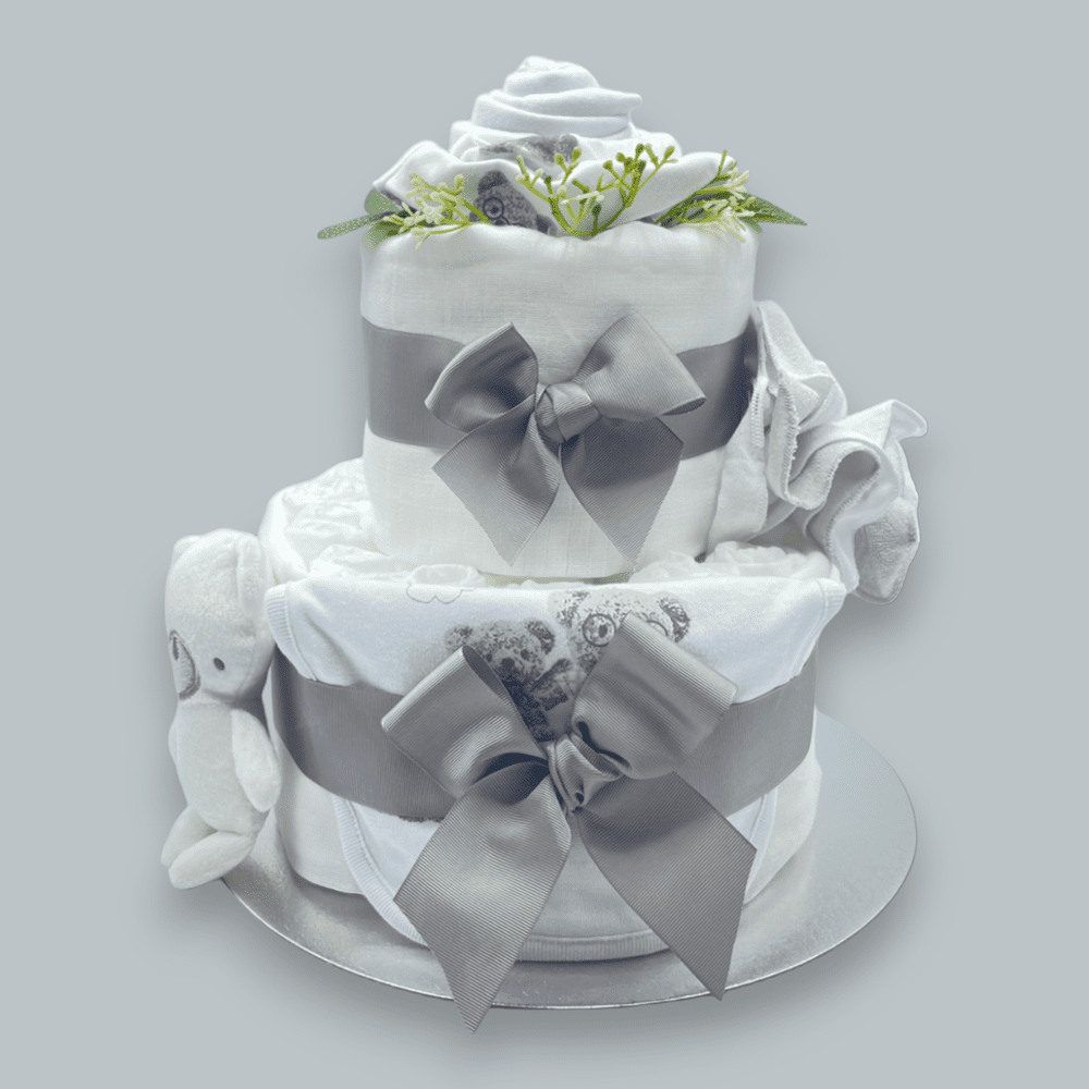 Teddy Dreams: 2-Tier Nappy Cake in White and Grey featuring elegant grey grosgrain ribbons.