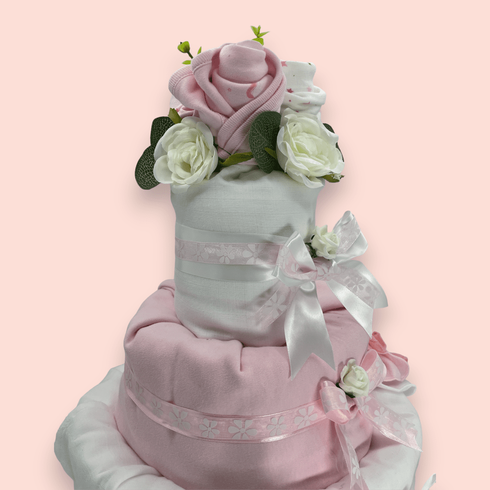 Close up of Unicorn Elegance Nappy Cake 3-Tier Pink and White